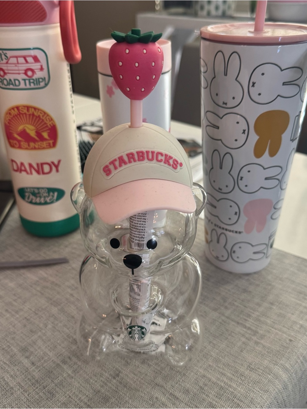 Starbucks Clear Bear Cup with Pink & Cream Hat and Strawberry Straw Topper
